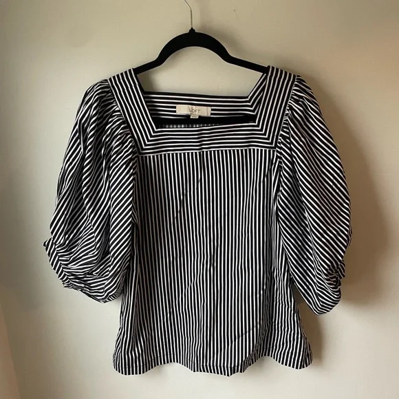 LOFT Women Small Blouse square neck balloon sleeve striped top business casual - Picture 1 of 6